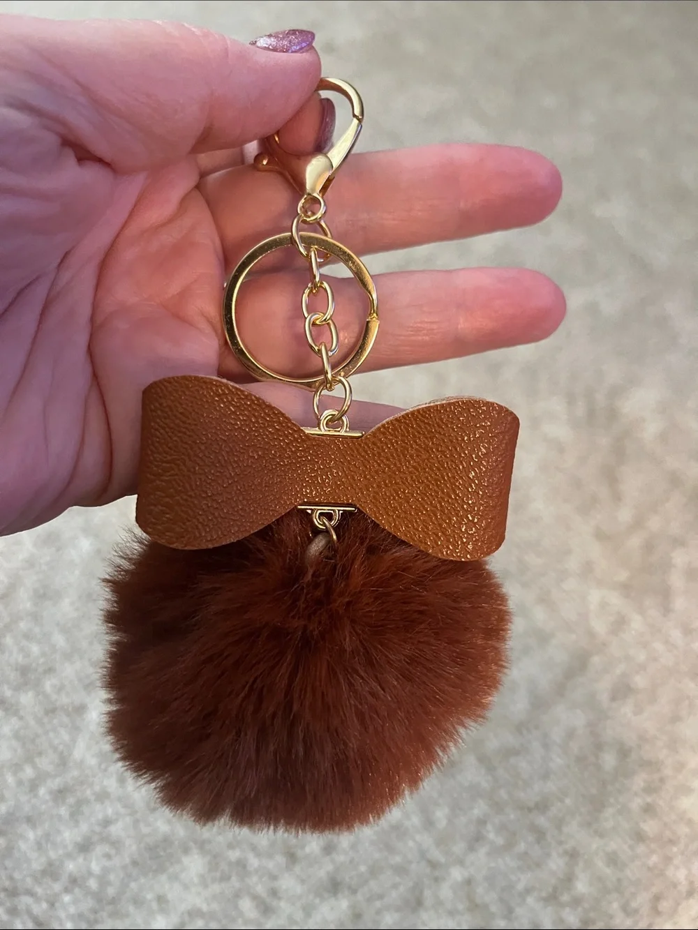 Faux Fur Pom Pom Keychain/Purse Charm with Brown Leather Bow and Gold Hardware